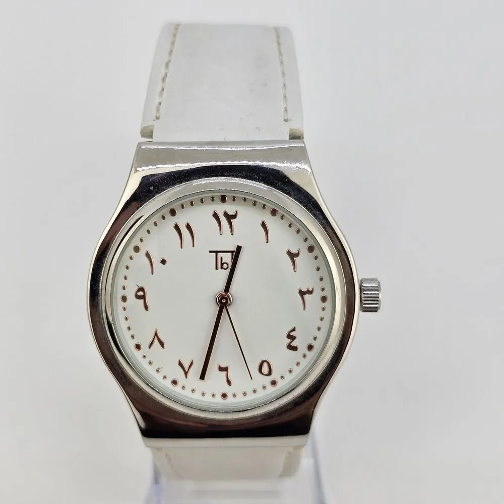 Unisex Watch 40MM Arabic Urdu Numerals‎ White Dial Leather Bands New Battery